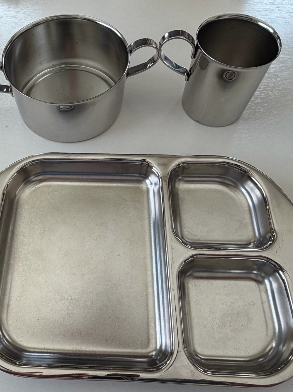 Stainless Steel Serving Tray, bowl and cup Set by Kiddobloom- like new